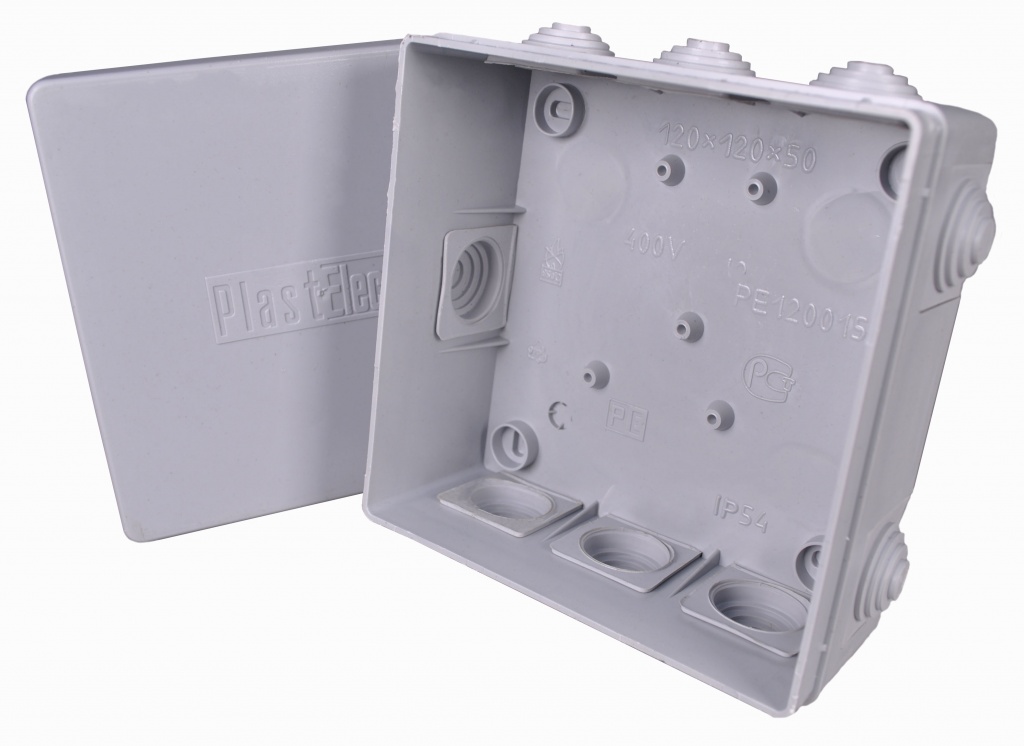 Коробка распределительная Plast Electro (распаячная) 120х120х50 (9 вводов, наружный монтаж) IP54 PE 120 015